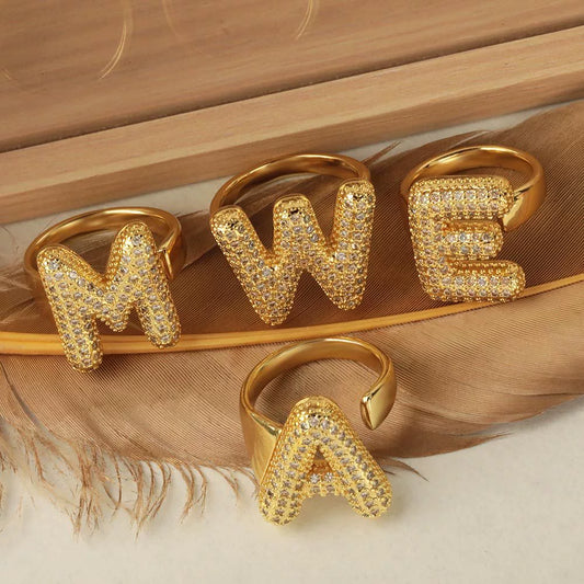 Versatile Letter Rings Copper Inlaid With Zircon Unisex Allmatch Jewelry