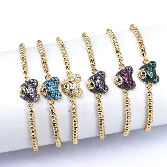 Wholesale Beaded Bracelet Copper Gold Plated Animal Bear Zircon Ins Style