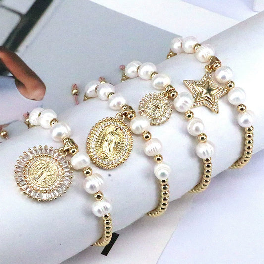Wholesale Bracelet Virgin Copper Beaded Natural Pearl Star Geometric Gold Plated Electroplated For Women