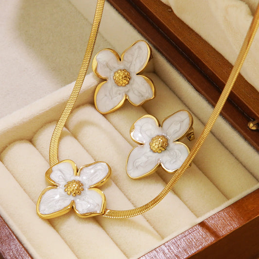 Wholesale Colorful Oil Dripping Plumeria Stainless Steel Jewelry Set With Dopamine Flower Earrings And Necklace Featuring Snake Bone Chain And Dripping Oil Design For Women