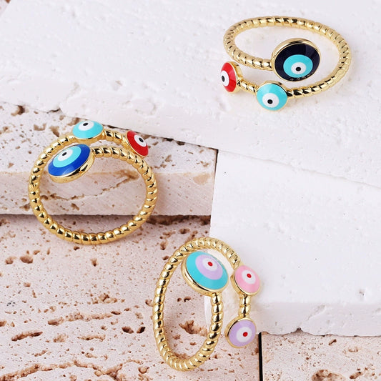 Wholesale Copper Goldplated Geometric Devil's Eye Ring With Electroplating Process