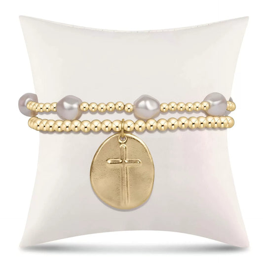Wholesale Copper Goldplated Pearl Copper Bead Elastic Bracelet With Geometric Design For Unisex And Women
