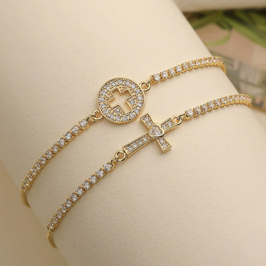 Wholesale Copper Plated Real Gold Zircon Geometric Cross Micropaved Women's Bracelet