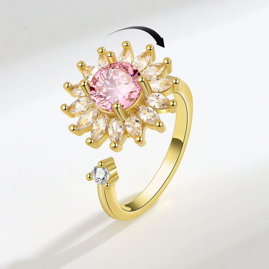 Wholesale Decompression Rotating Ring Copper Electroplated Women's Sunflower Design Opening Ring Set