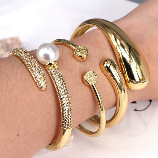 Wholesale Geometric Round Pearl Set Zircon Adjustable Bracelet Jewelry Copper 18K Gold Plated