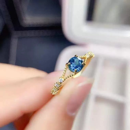 Wholesale Imitation Natural London Blue Topaz Opening Ring For Women Copper Material With Geometric Design