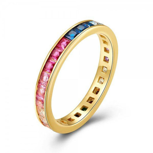 Wholesale Inlaid Square Rainbow Zircon Copper Ring For Women Retro Geometric Electroplated Style