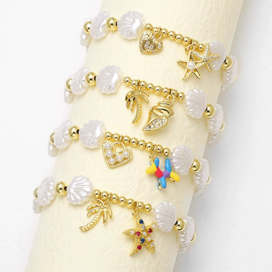 Wholesale Jewelry Copper Beaded Shell Heart Starfish Pendant Gold Plated Bracelet With Star Pattern