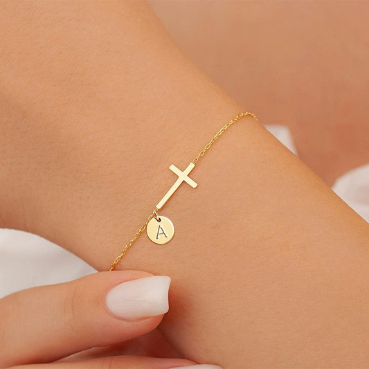 Wholesale Jewelry Copper Geometric Style Circle Tag Cross Bracelet With Electroplating For Women