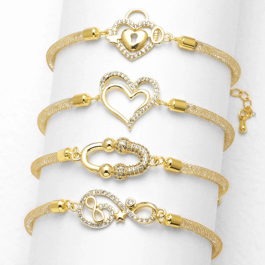 Wholesale Jewelry Copper Plated Gold Love Bracelet With Heart And Flower Shapes