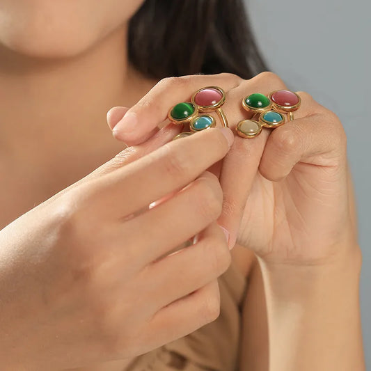 Wholesale Jewelry Elegant Cute Sweet Round 304 Stainless Steel Natural Stone 14K Gold Plated Plating Inlay Rings