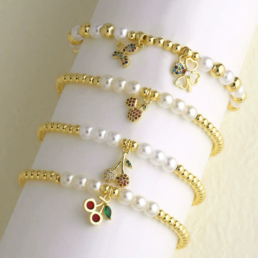 Wholesale Jewelry Minimalist Fruit Cherry Copper Pendant Bracelet Goldplated