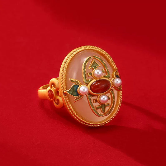 Wholesale Jewelry Natural Hetian Jade Pearl Southern Red S925 Sterling Silver Enamel Copper Unisex Minimalist Animal Zodiac Geometric U Shape Cartoon Characters Ring