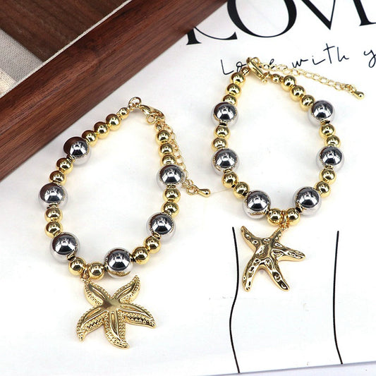 Wholesale Jewelry Ocean Series Cute Starfish Pendant Geometric Gold Plated Copper Beads Gold And Silver Gradient Bracelet