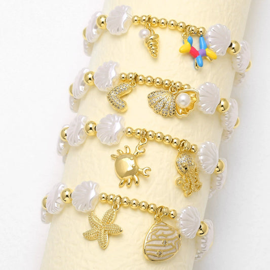 Wholesale Jewelry Ocean Series Starfish Shell Love Pendant Copper Gold Plated Geometric Style Bracelet