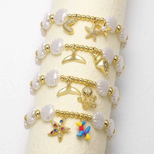 Wholesale Jewelry Ocean Style Copper Pearl Shell Starfish Geometric Pendant Goldplated Bracelet