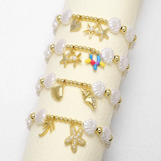Wholesale Jewelry Ocean Style Copper Pearl Shell Starfish Pendant Bracelet Electroplated For Women
