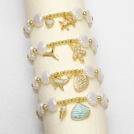 Wholesale Jewelry Ocean Style Copper Pearl Shell Starfish Whale Gold Plated Bracelet