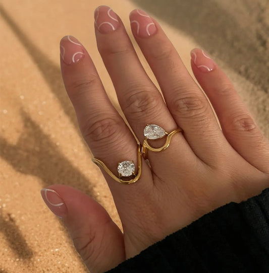 Wholesale Jewelry Romantic Shiny Round Water Droplets 316L Stainless Steel Zircon 18K Gold Plated Inlay Rings