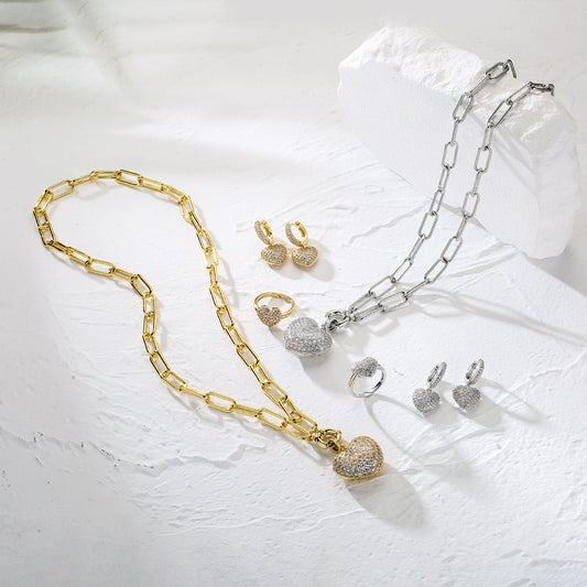 Wholesale Jewelry Set Copper Light Luxury Style With Love Water Drops Bell Pattern Microinlaid Heart Pendant Electroplating Ochain For Women