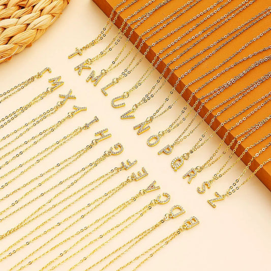 Wholesale Jewelry Simple Letter Pendant Necklace Copper Mixed Gem Inlay Zircon Ochain