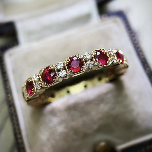 Wholesale Jewelry Vintage Style Geometric Red Zircon Copper Gold Plated Ring Women's
