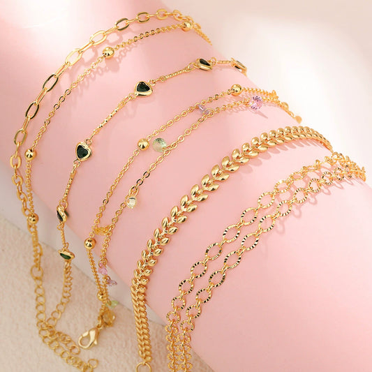Wholesale Light Luxury Style Heart Geometric Zircon Inlaid Copper Plated Real Gold Women's Bracelet