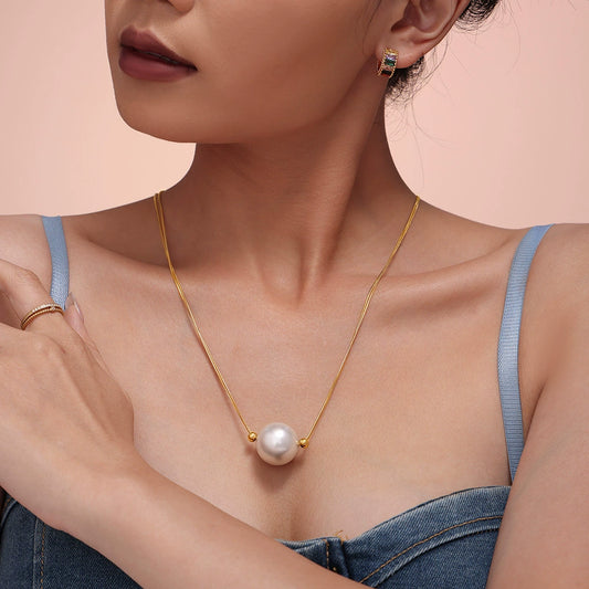 Wholesale Minimalist Geometric Stainless Steel And Shell Beads Single Large Bead Pendant Necklace With Electroplating For Women