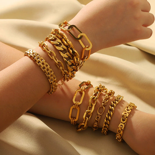 Wholesale Multistyle Thick Chain Personality Hip Hop Punk Style Stainless Steel Handmade Woven Geometric Bracelet With 24K Real Gold Electroplating