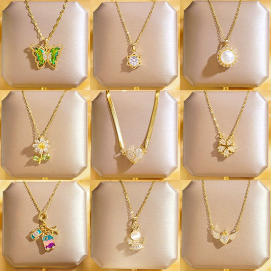 Wholesale Real Gold Electroplated Geometric Pattern Titanium Steel And Copper Necklace With Zircon And Pearl For Women Elegant Light Luxury Jewelry