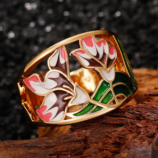 Wholesale Ring Copper Goldplated Oil Dripping Flowers Pattern Light Luxury Style For Women