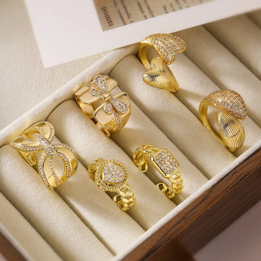 Wholesale Simple Style Commute Geometric Heart Shape Copper Hollow Out Inlay 18K Gold Plated Zircon Open Rings