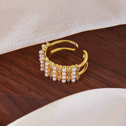 Wholesale Women's British Retro Geometric Wide Faced Copper Open Ring With Imitation Pearl Zircon And 18K Gold Plated Beads