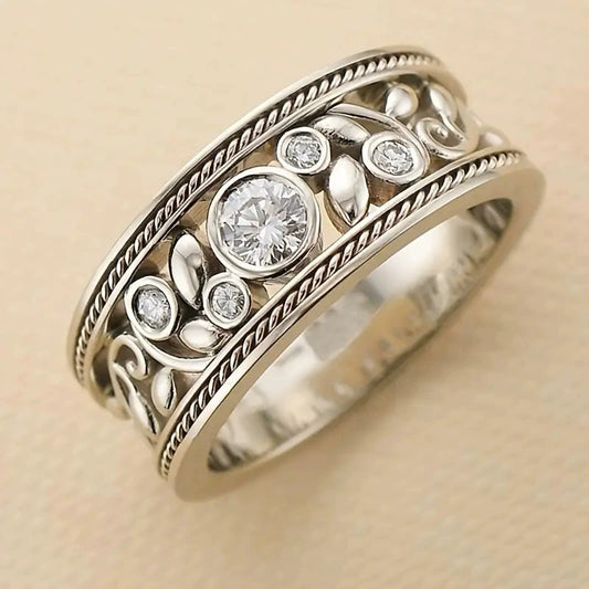 Wholesale Women's Copper Baroque Style Hollow Flower Geometric Inlaid Zircon Ring