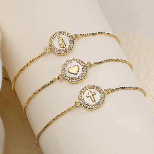 Wholesale Women's Copper Geometric Cross Heart Bracelet With Micro Setting And 18K Gold Plated Zircon Shell