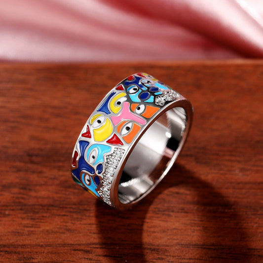 Wholesale Women's Copper Geometric Eye Art Ring With Zircon And Imitation Enamel Color Drop Oil Design