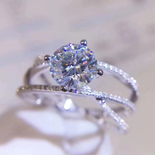 Wholesale Women's Copper Geometric Zircon Diamond Ring Double Layer Winding Four Claw Engagement Ring