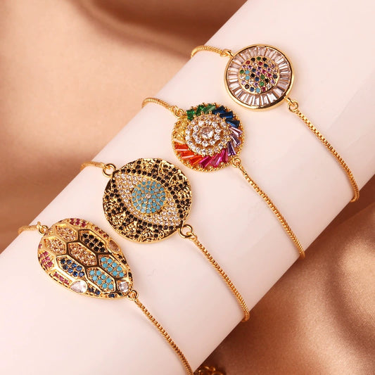 Wholesale Women's Copper Gold Plated Geometric Bracelet With Turtle Shell And Devil's Eye Mixed Color Zircon