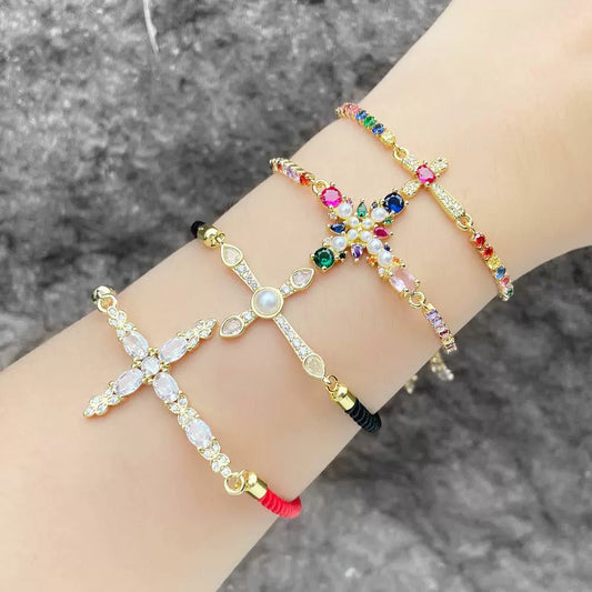 Wholesale Women's Copper Gold Plated Geometric Cross Bracelet With Zircon