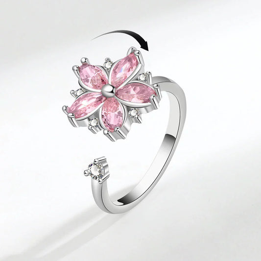 Wholesale Women's Copper Rotating Flower Decompression Antianxiety Ring Set With Pink Zircon And Electroplating Treatment