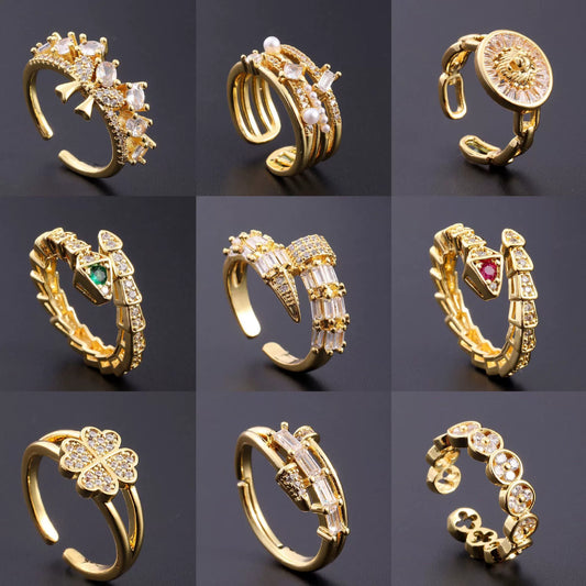 Wholesale Women's Copper Zircon Electroplated Real Gold Open Ring With Animal Zodiac Pattern Sweet Style