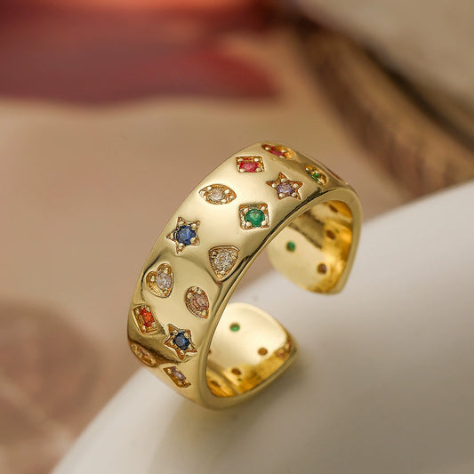 Wholesale Women's Double Row Zircon Geometric Opening Ring Copper Microinlay
