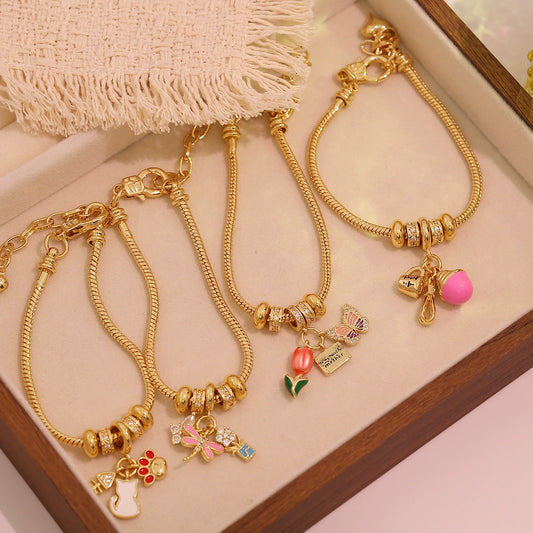 Wholesale Women's Fashion Gold Plated Copper Flower Butterfly Pendant Bracelet With Real Gold Plating