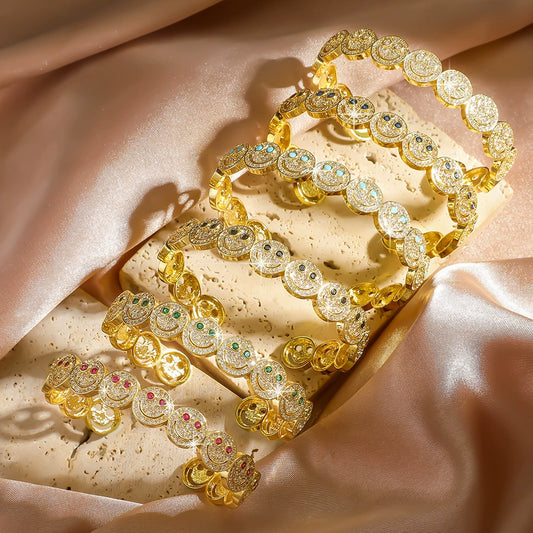 Wholesale Women's Fashionable Open Bracelet With Smiling Face Micro Inlaid Zircon Geometric Style Made Of Copper