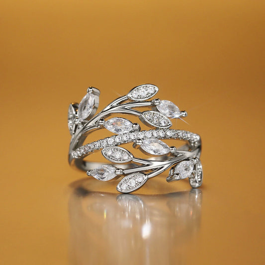 Wholesale Women's Light Luxury Copper Ring With Intertwined Leaves And Zircon Flowers