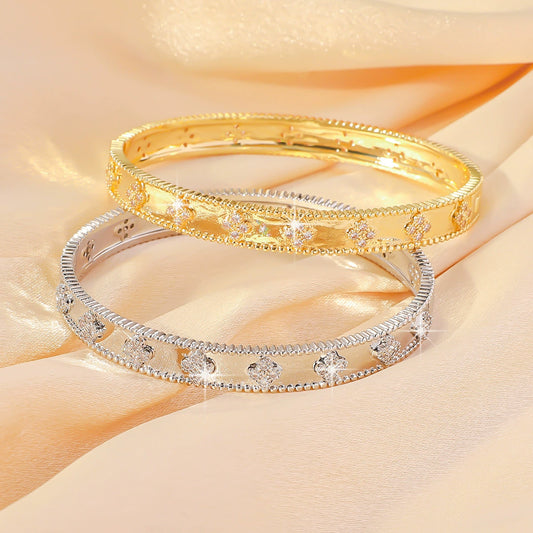 Wholesale Women's Light Luxury Four Leaf Clover Flower Tube Bracelet Copper 18K Rose Gold Plated