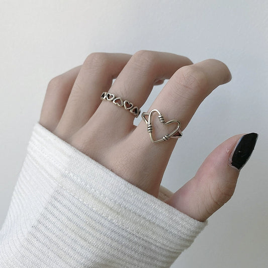 Wholesale Women's S925 Silver Hollow Love Ring With Stitching And Heart Shape Opening Design