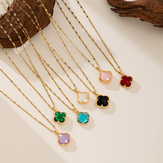 Wholesale Women's Titanium Steel And Copper Four Leaf Clover Electroplated Necklace And Lip Chain Jewelry