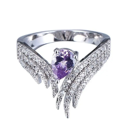 Women's Copper Inlaid Water Drop Zircon Ring With Crown Pattern And Wings Design