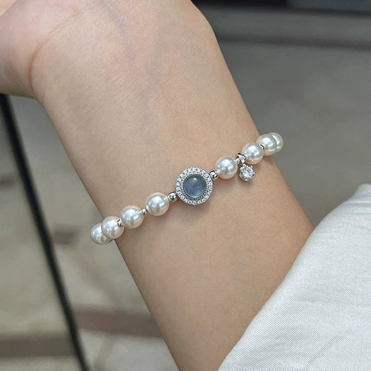 Women's Copper Natural Style Handmade Round Zircon Aquamarine Shijia Pearl Bracelet